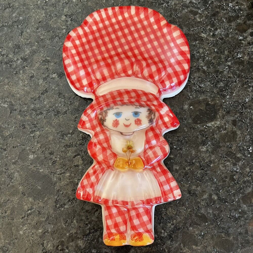 1969 Lucite Spoon Rest Girl Holly Hobbie Red Gingham Bonnet Wall Hanging Acrylic